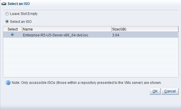 This figure shows the Select an ISO dialog box in the Create Virtual Machine wizard.