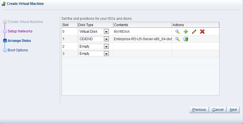 This figure shows the Arrange Disks step in the Create Virtual Machine wizard.