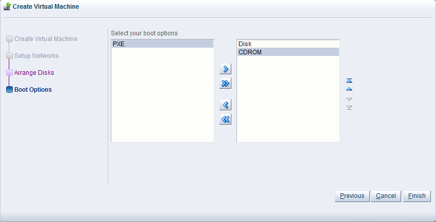 This figure shows the Boot Options step in the Create Virtual Machine wizard.