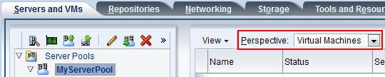 This figure shows the Virtual Machines perspective in the Servers and VMs tab.