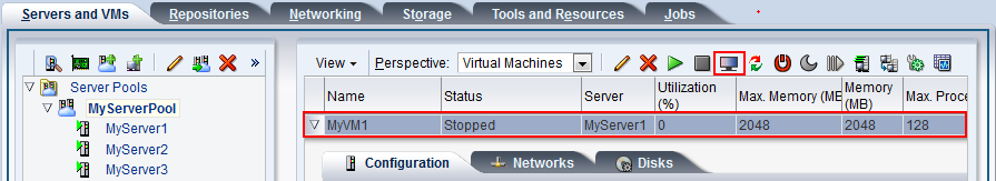 This figure shows the Launch Console icon in the Virtual Machines perspective in the Servers and VMs tab.