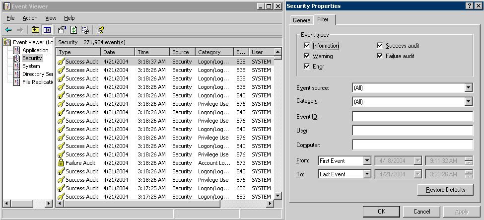 Graphic of Verifying Event Viewer Settings