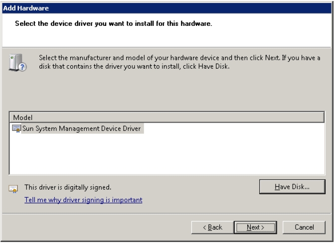 image:Pantalla del asistente que muestra Sun System Management Device Driver como opción.