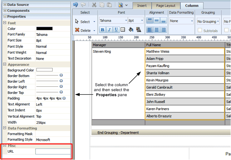 Selecting column and displaying Properties pane