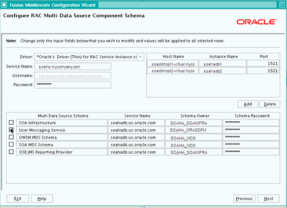 Configure RAC Multi Data Source Component Schema