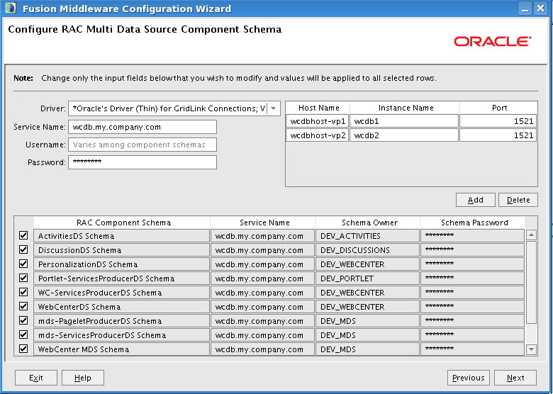 Configure RAC Multi Data Source Component Schema screen