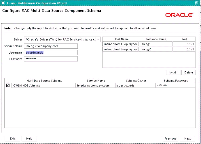 Configure RAC Multi Data Source Component Schema screen