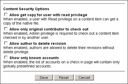 Admin Server Content Security Options screen