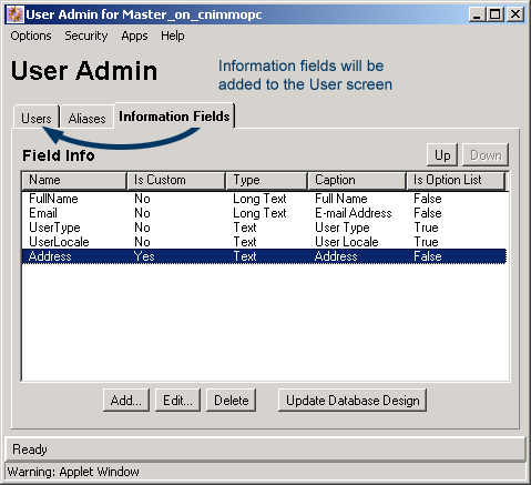 User Admin screen Information Fields tab