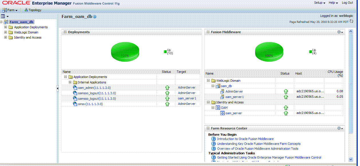 Fusion Middleware Control OAM Farm Page