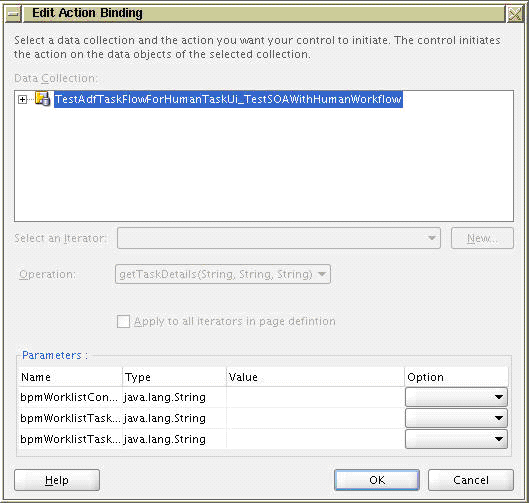 Edit Action Binding (getTaskDetails) Dialog