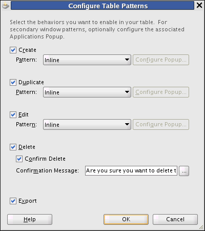 Configure Table Patterns dialog.