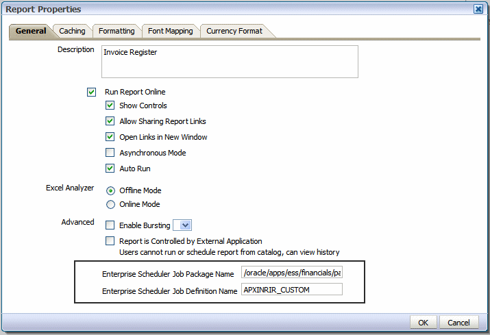 Report properties dialog showing ESS property settings