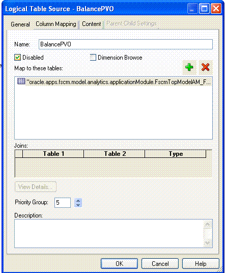 This is a screen shot of the Logical Table Source - BalancePVO window with the General Tab selected.