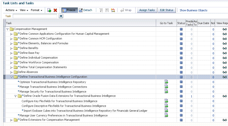 This screen shot displays the OTBI configuration task menu.
