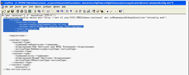 This screen shot shows an example of adding code to the ActionFrameworkConfig.xml file.