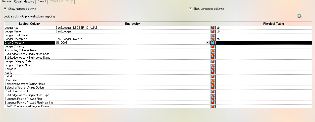 This screen shot is an example of the column Mapping screen, Column Mapping tab, with Chart of Account selected in Logical Column.