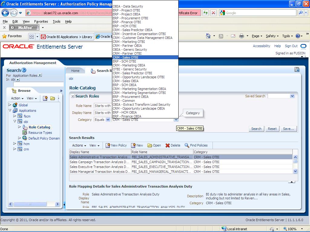 This screen shot displays a sample search on content roles.