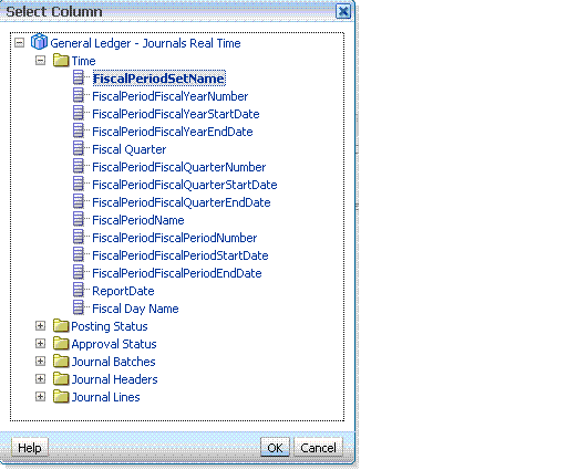 This screen shot displays how you select a Fiscal Calendar name from the Select Column dialog box.