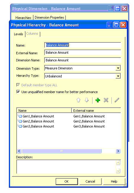 This screen shot provides an example of creating dimensions and flattening dimensions from the Physical Hierarchy Balance Amount dialog.