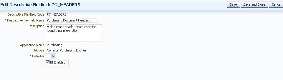 This screen shot displays the BI Enabled check box in the Edit Descriptive Flexfield window.