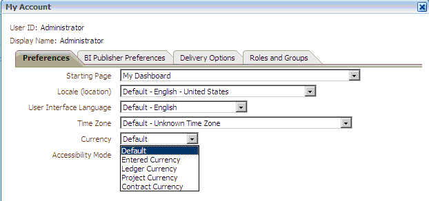 This screen shot shows an example of the currency box on the Preferences tab.
