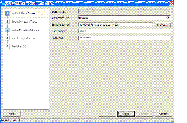 This screen shot displays the Import Metadata Select Data Source window for selecting a data source.