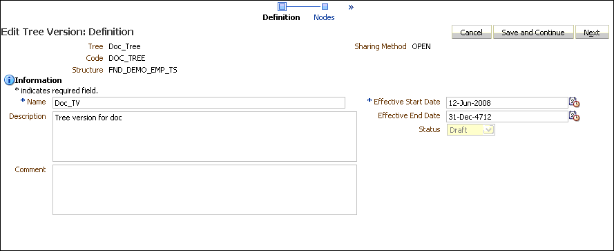 This screen shot displays an Edit Tree Version Page.