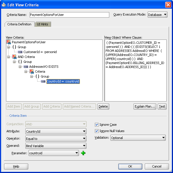 Edit View Criteria dialog displays view criteria definition