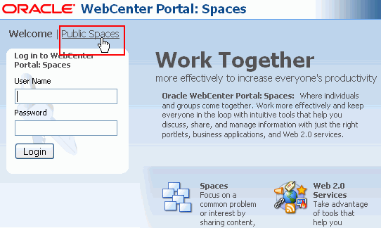 Public Group Spaces link on Welcome page