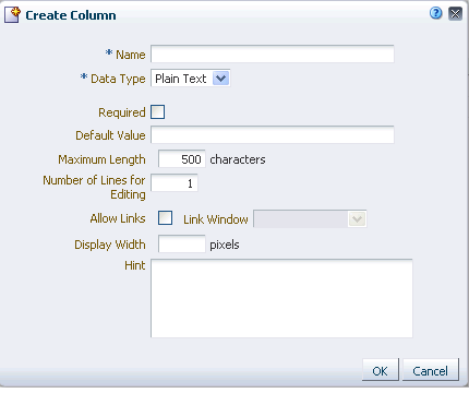 Create Column dialog