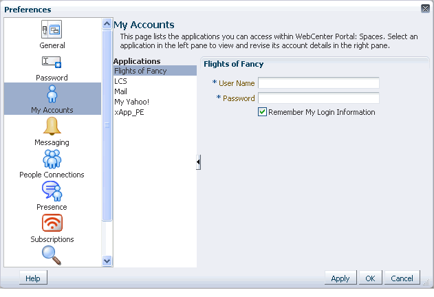 Preferences My Accounts panel