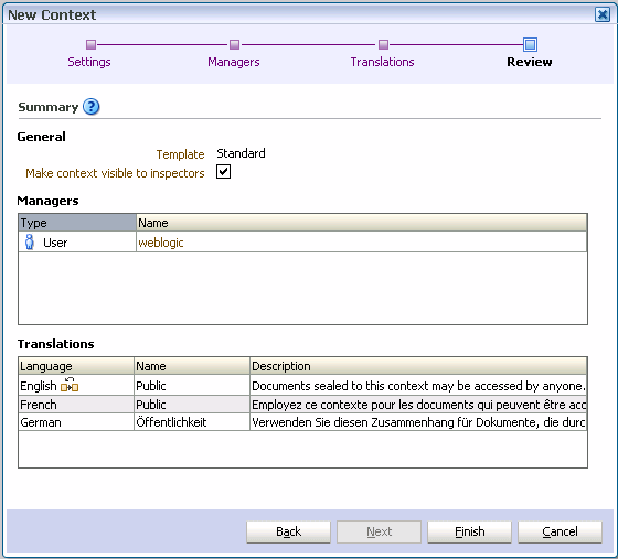 New Context wizard, Review page