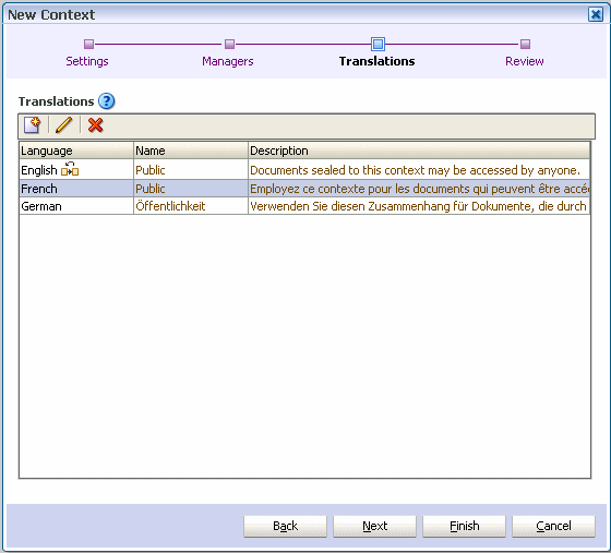 New Context wizard, Translations page