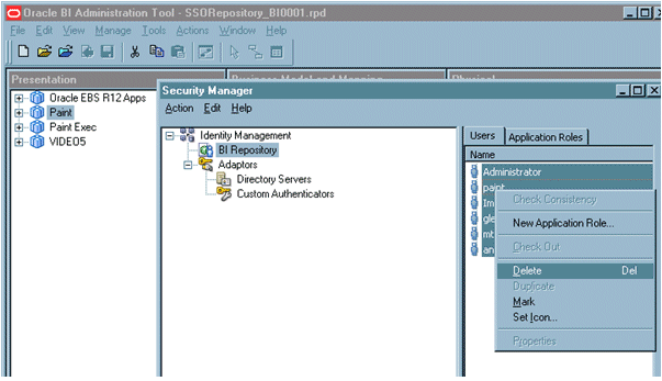 Deleting RPD users in the BI Admin Tool.