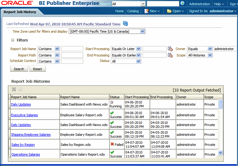 Report job history page