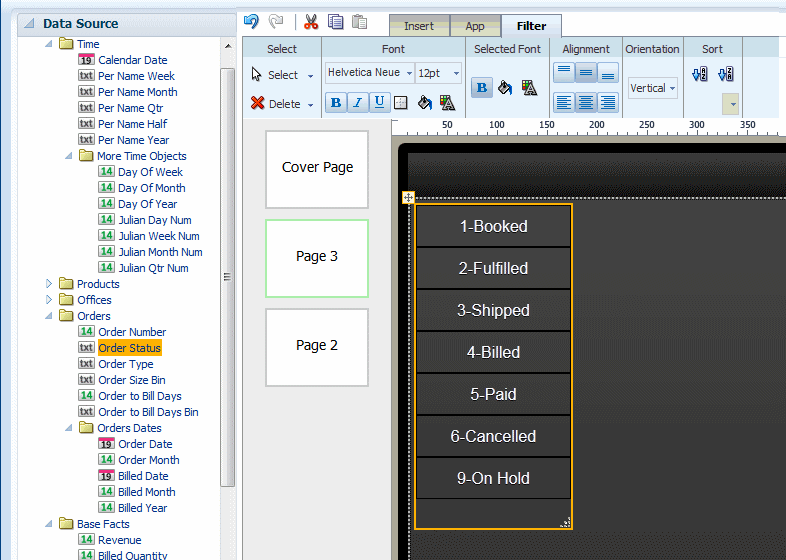 Filter component showing order status