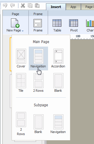 Selecting Navigation from New Page menu