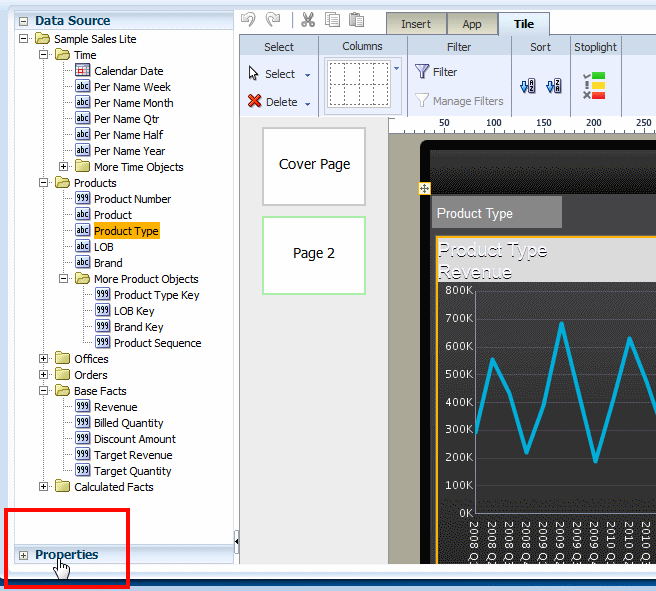 Clicking the Properties pane