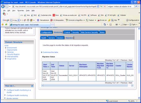 Migration Status screen in the Administration Console