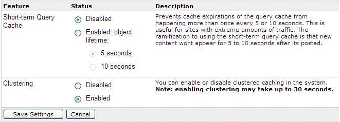 Screenshot of the Cache Features section