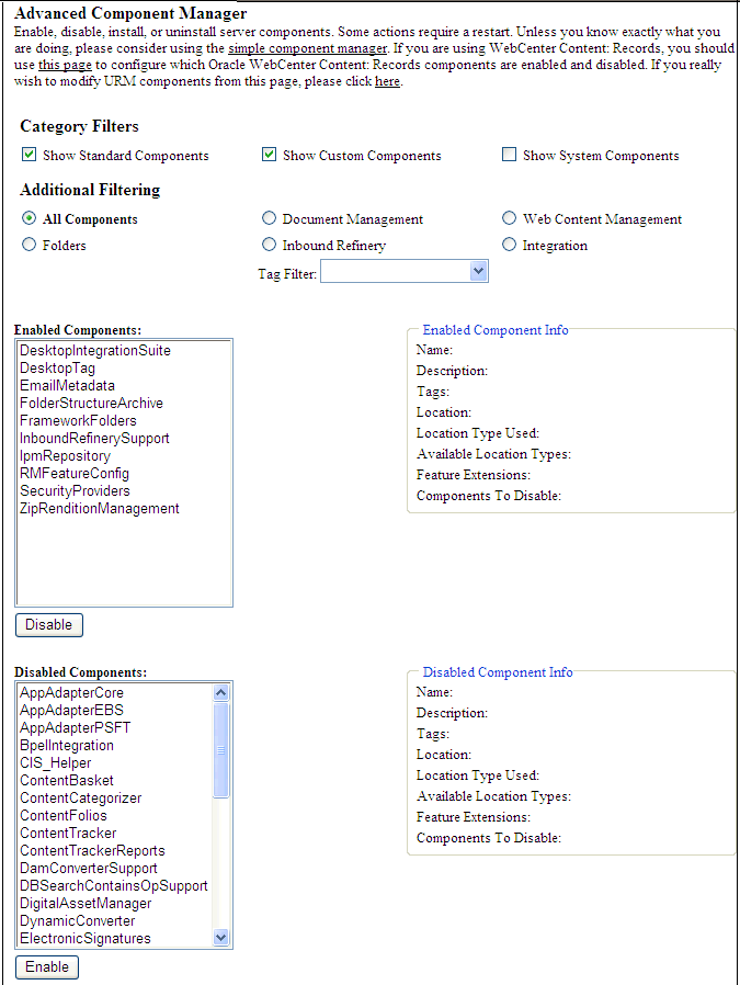 This figure shows the Advanced Component Manager screen.