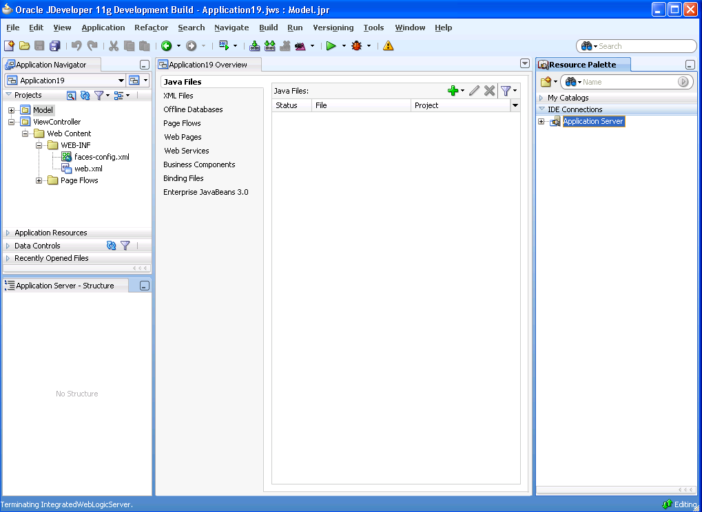 JDeveloper workspace contains projects and files
