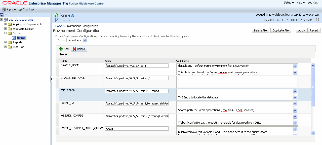 Environment Configuration page