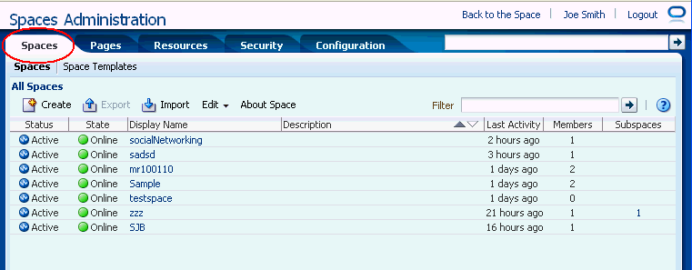 Spaces Administration - Spaces Tab