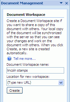 Document Management Task Pane: Document Workspace