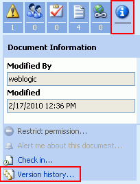 Task Pane Document Information Section: Version History