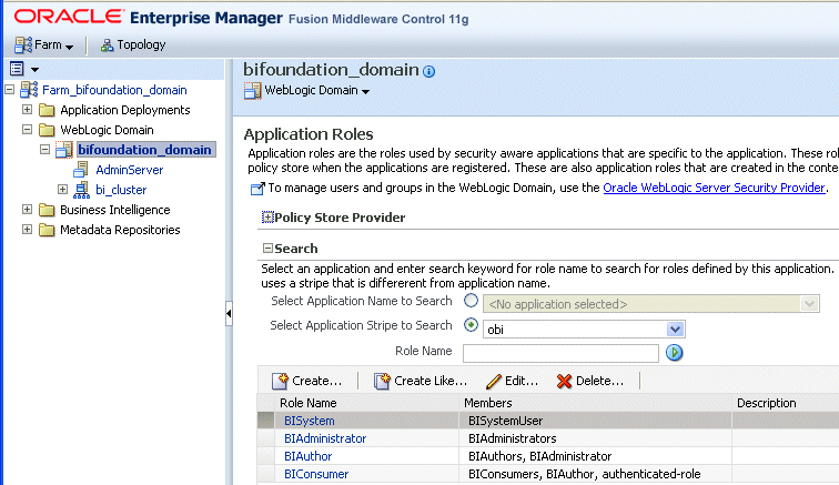 Fusion Middleware Controlの「アプリケーション・ロール」ページ。