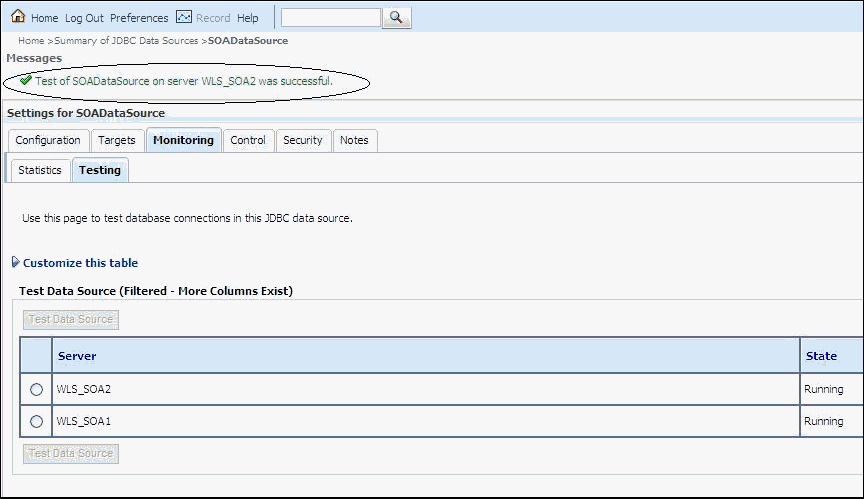 GridLinkデータ・ソースのテストが成功しました