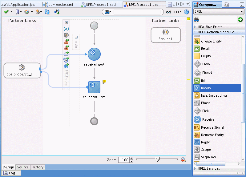 Invokeアクティビティを追加する前のBPELプロセス